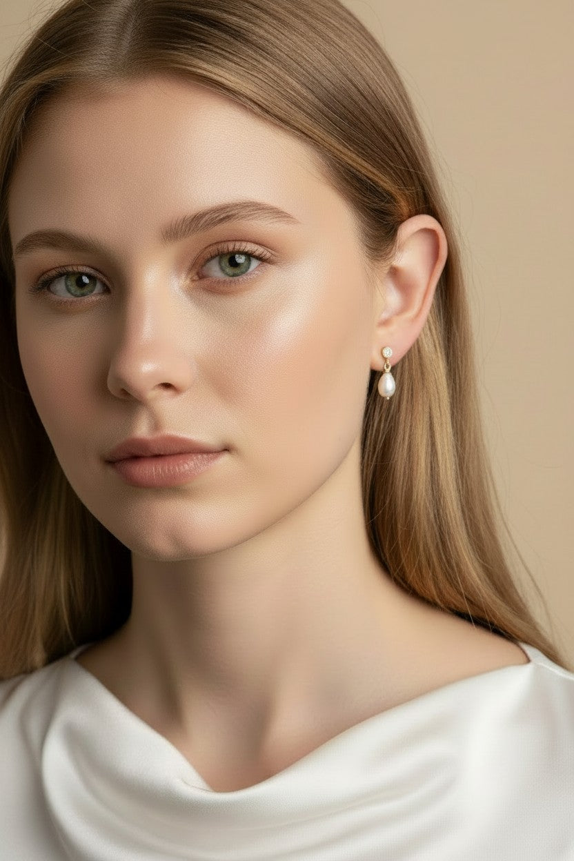 🤍 18k Gold Filled Freshwater Baroque Pearl & CZ Dangle Earrings — Crystal Above. Pearl Below. Nature's Own Pair.