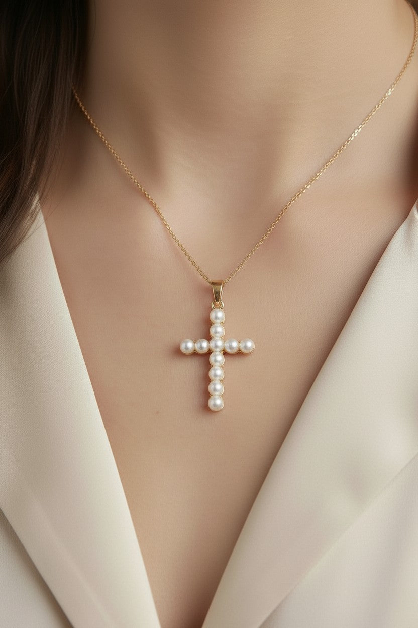 18k Gold Filled Pearl Cross Pendant