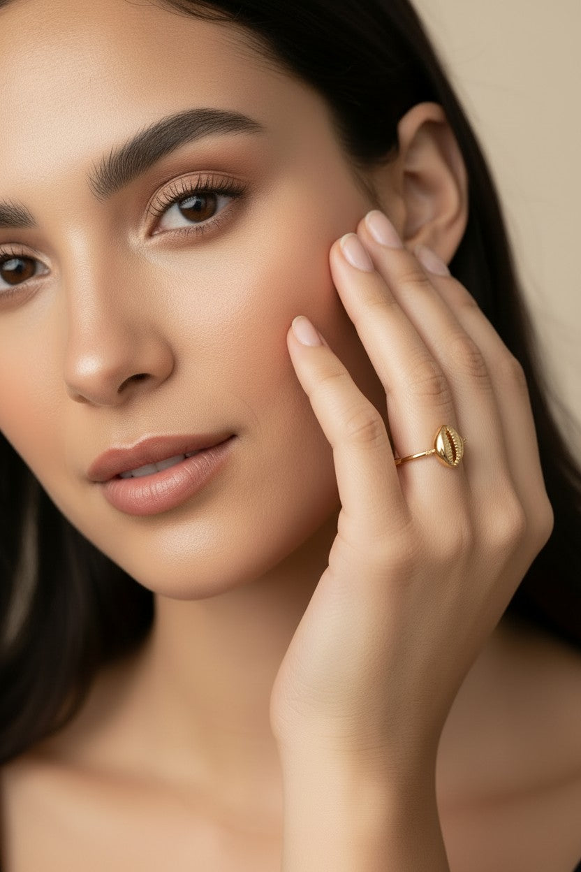 🐚 18k Gold Filled Cowrie Shell Ring — Prosperity. Destiny. Worn at the Finger in Warm Gold.