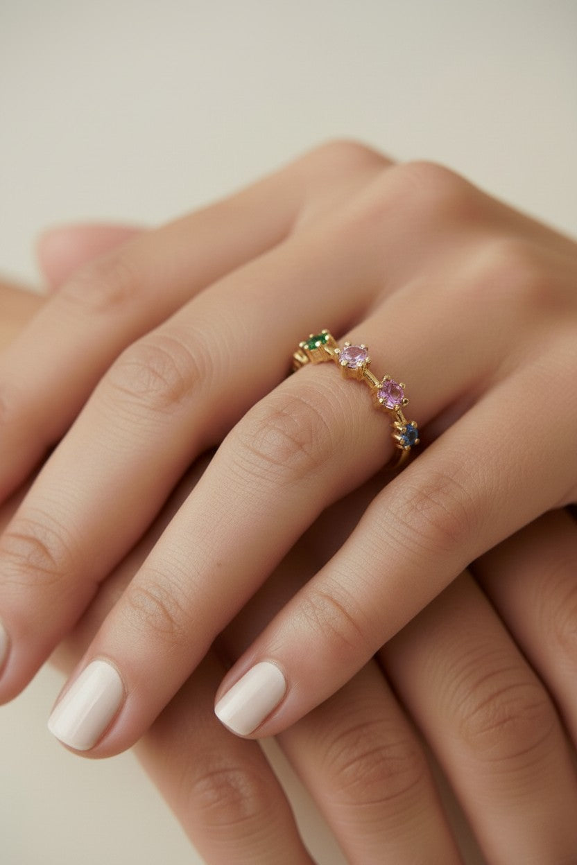 Pastel CZ Ring - Colorful Stone Ring with 5 Gems