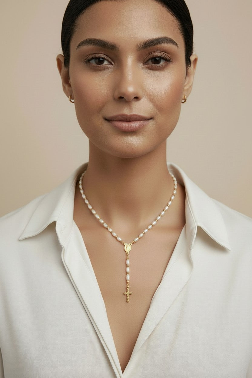 Pearl Rosary Necklace for Women | Religious Jewelry | Spiritual Pearl Necklace