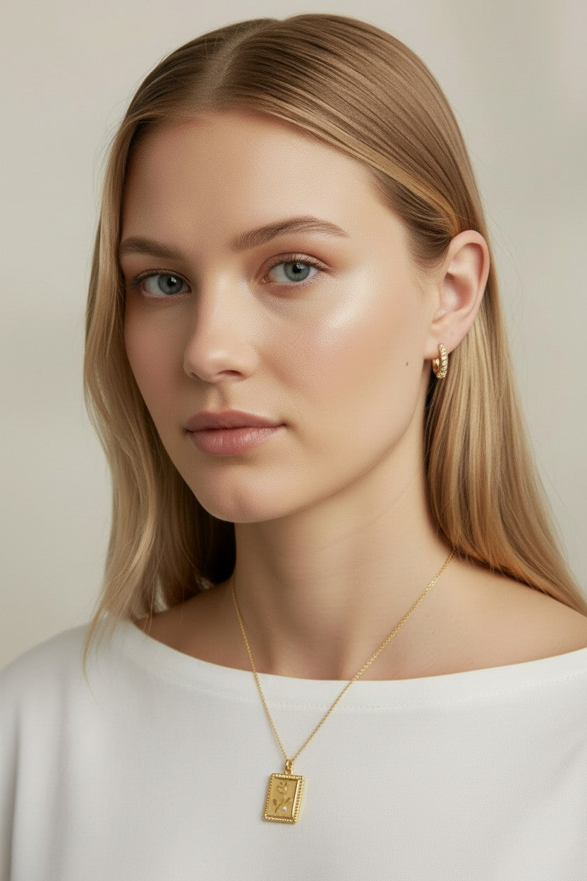 🌸 18k Gold Filled Flower Plaque Necklace — A Square of Gold. A Flower Cut Through It. One Perfect Stone.