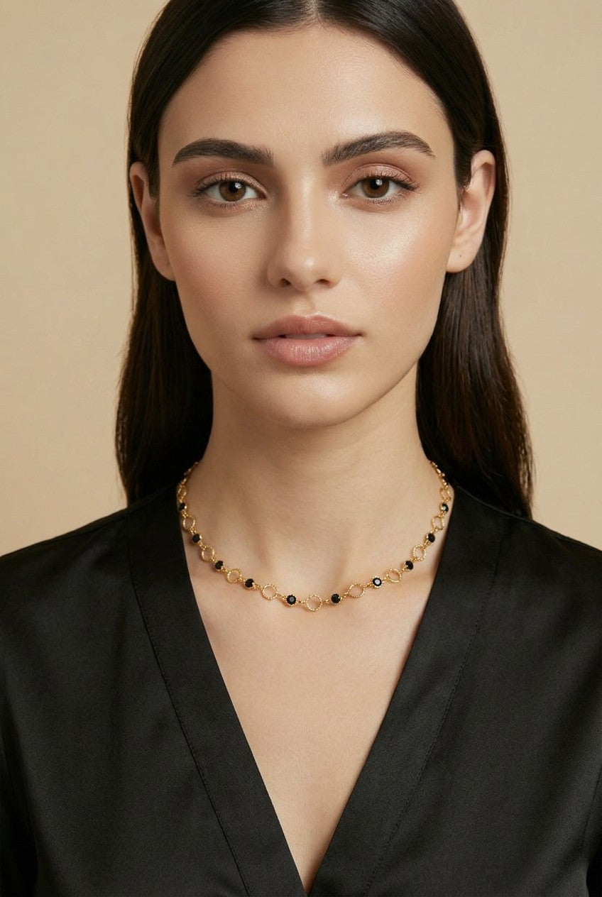 18k Gold Filled Black Bezel CZ & Circles Choker Necklace