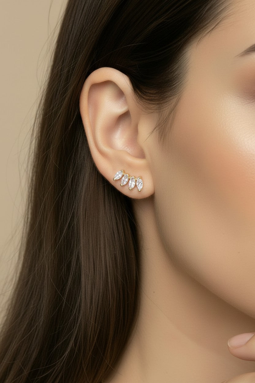 ✨ 18k Gold Filled CZ Curved Bar Stud Earrings — A Line That Curves. Stones That Follow It.