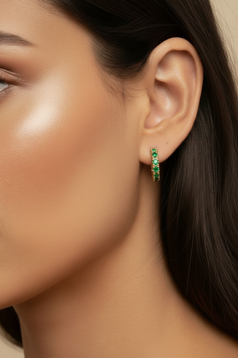💚 18k Gold Filled Curved Bar Emerald Crystal Stud Earrings — Five Green Stones. One Graceful Curve.