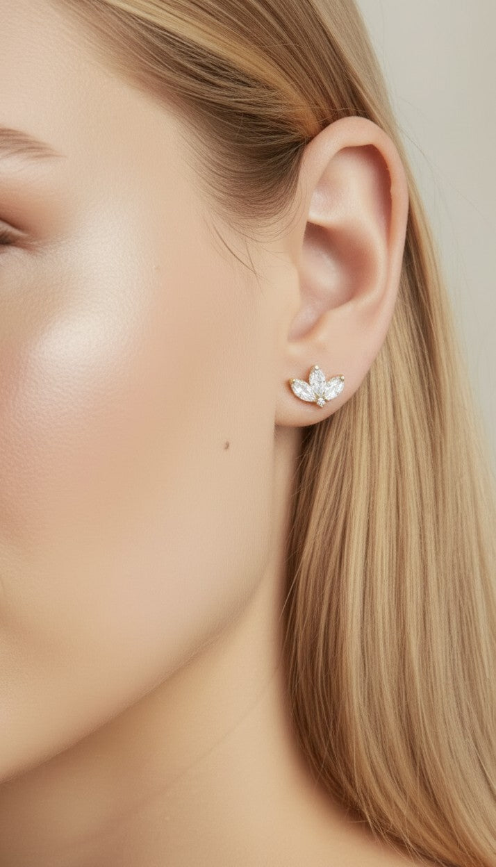 🌸 18k Gold Filled Vintage Lotus Flower CZ Stud Earrings — Ancient Symbol. Four Stones. Timeless Beauty.