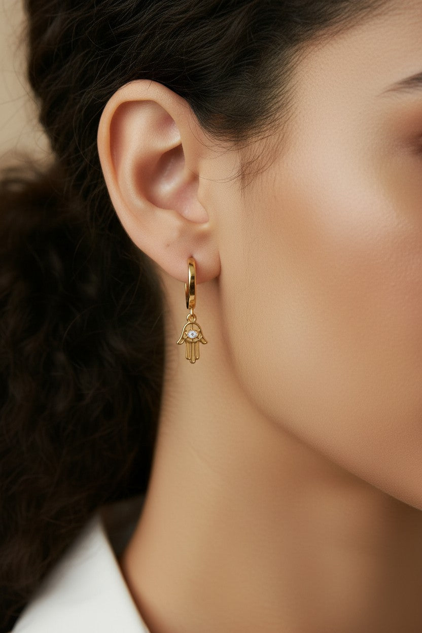 🤲 18k Gold Filled Hamsa Hoop Earrings — The Hand of Protection, Hanging from Warm Gold.