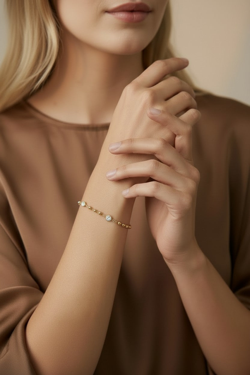 ✨ 18k Gold Filled Bead & CZ Bracelet — Warm Gold. Quiet Sparkle. The Wrist's Perfect Companion.