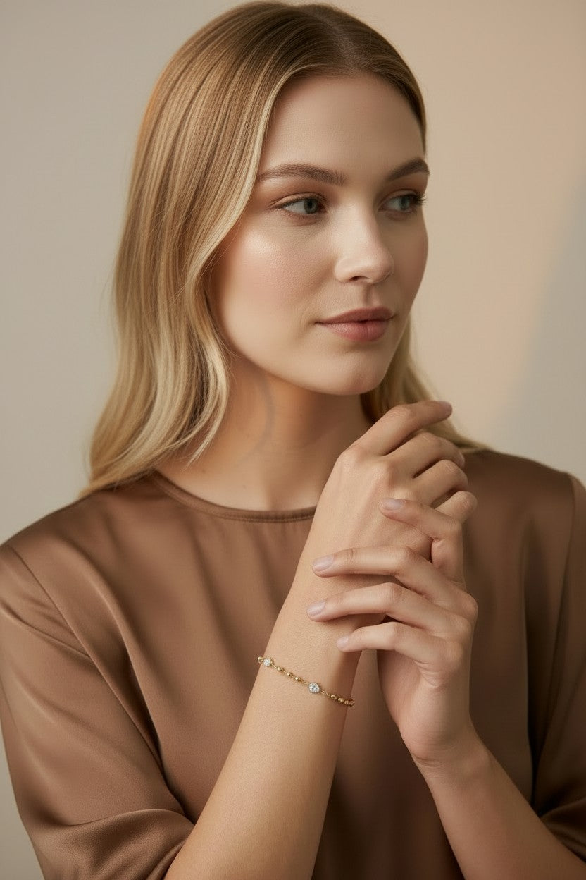 ✨ 18k Gold Filled Bead & CZ Bracelet — Warm Gold. Quiet Sparkle. The Wrist's Perfect Companion.
