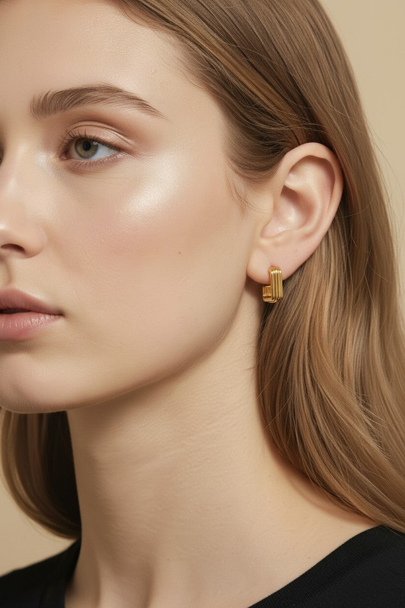 Geometric C-Hoop Earrings for Women - Ridged Modern Hoops