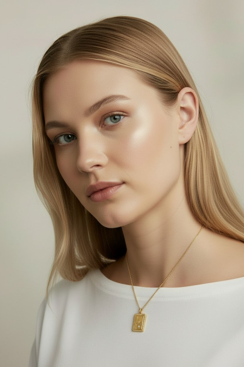 🌸 18k Gold Filled Flower Plaque Necklace — A Square of Gold. A Flower Cut Through It. One Perfect Stone.