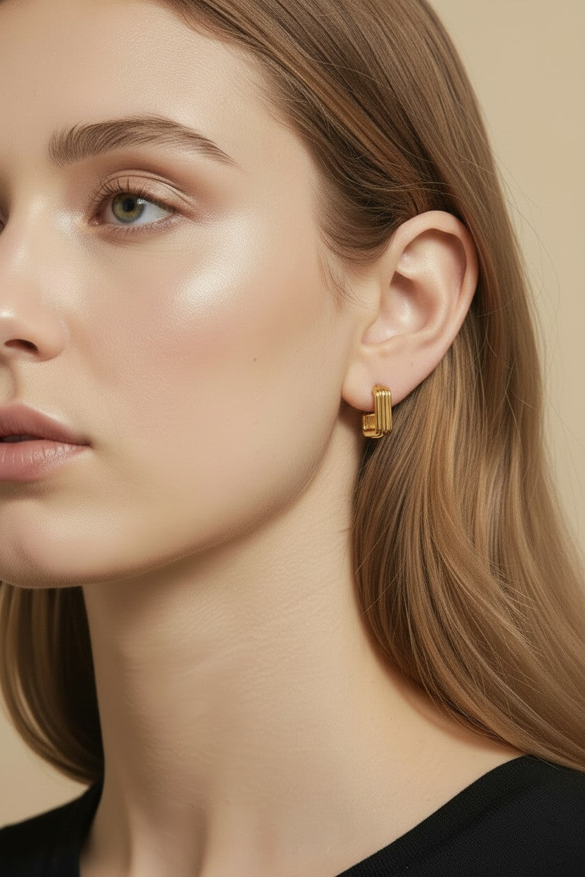 Geometric C-Hoop Earrings for Women - Ridged Modern Hoops