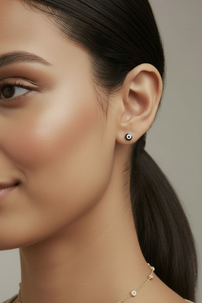 👁️ 18k Gold Filled Black Enamel Evil Eye Stud Earrings — The Protective Gaze. Tiny. Always Watching.