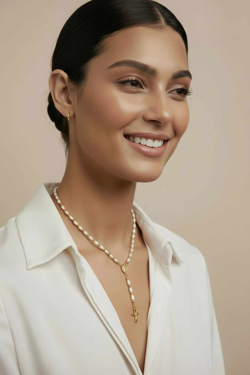 Pearl Rosary Necklace for Women | Religious Jewelry | Spiritual Pearl Necklace