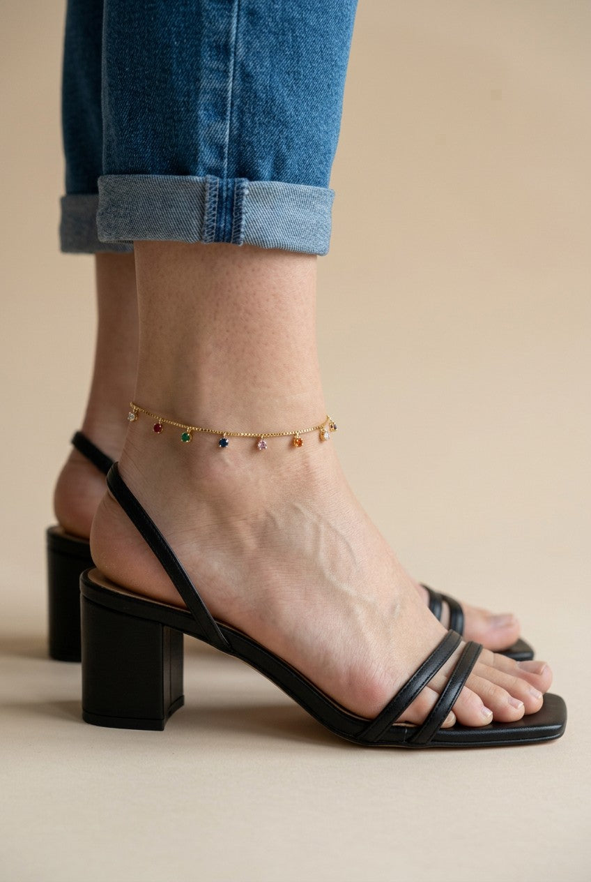 🌈 18k Gold Filled Multicolor CZ Box Chain Anklet — Color Set Into Every Link. The Most Joyful Ankle.