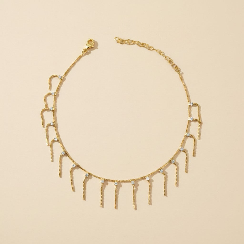 18k Gold Filled Fringed Box Chain Anklet | Colorful Micro Zirconia Detail