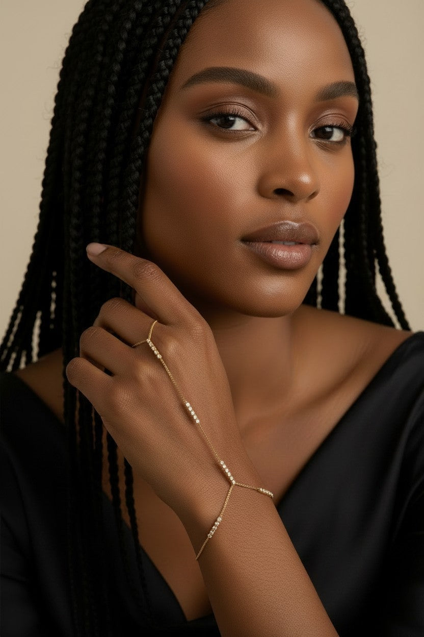 ✨ 18k Gold Filled CZ Row Hand Chain — Continuous Sparkle. Wrist to Finger. Every Gesture Luminous.