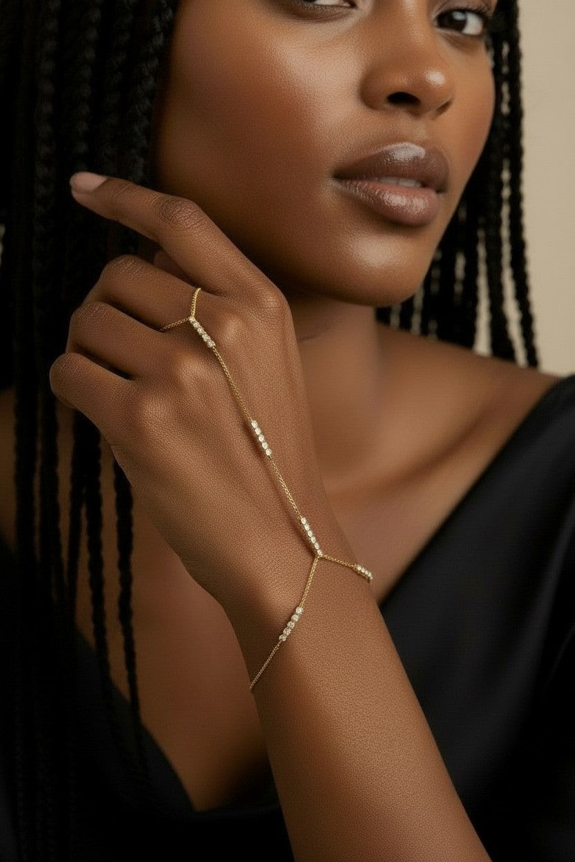✨ 18k Gold Filled CZ Row Hand Chain — Continuous Sparkle. Wrist to Finger. Every Gesture Luminous.