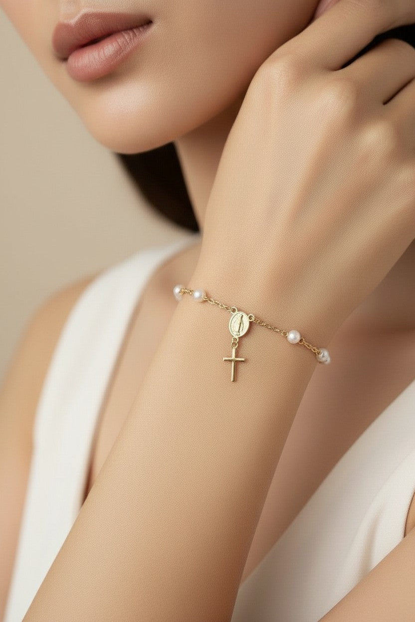 18k Gold Filled Pearl Rosary Bracelet — Faith at the Wrist. Worn One Bead at a Time.