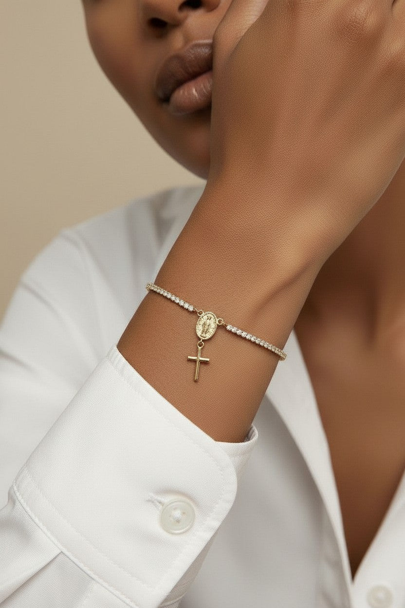 🙏 18k Gold Filled Miraculous Mary CZ Tennis Bracelet — Continuous Sparkle. Unwavering Faith.