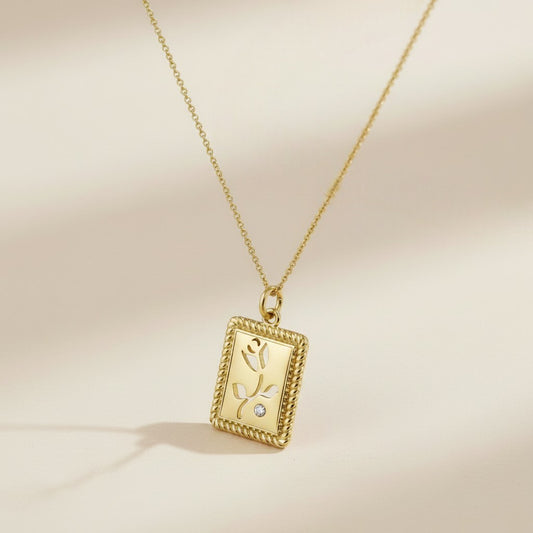 🌸 18k Gold Filled Flower Plaque Necklace — A Square of Gold. A Flower Cut Through It. One Perfect Stone.