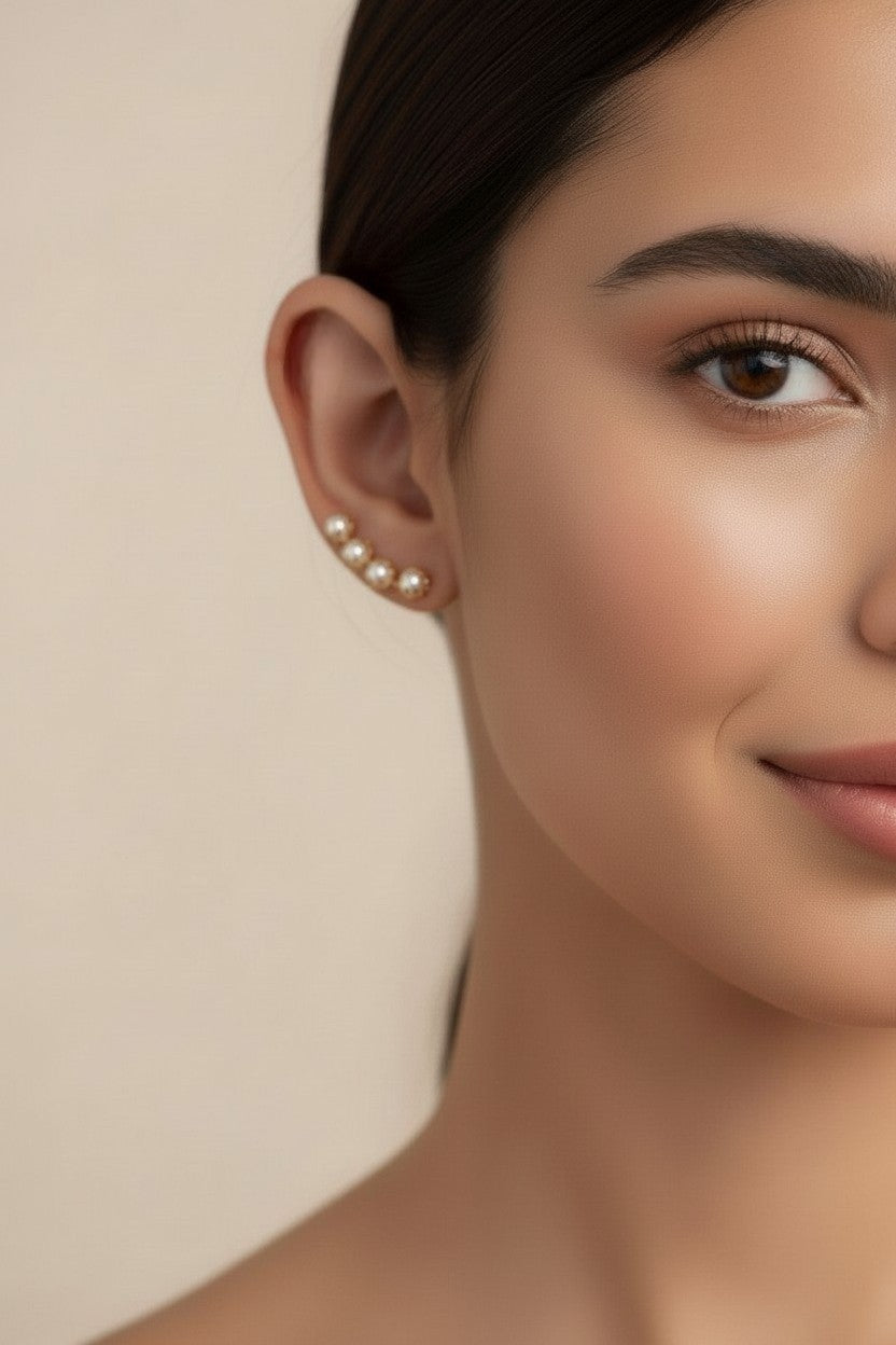 Pearl Ear Climber Earrings - Elegant Curved Pearl Crawler Studs for Women