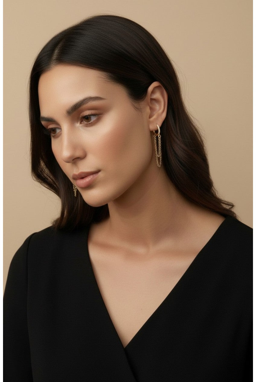 18k Gold Filled CZ Hoop Earrings with Dangling Chains | Bold & Daring Statement