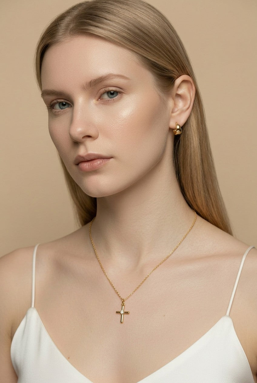 18k Gold Filled Polished CZ Cross Pendant | Timeless Faith & Elegance