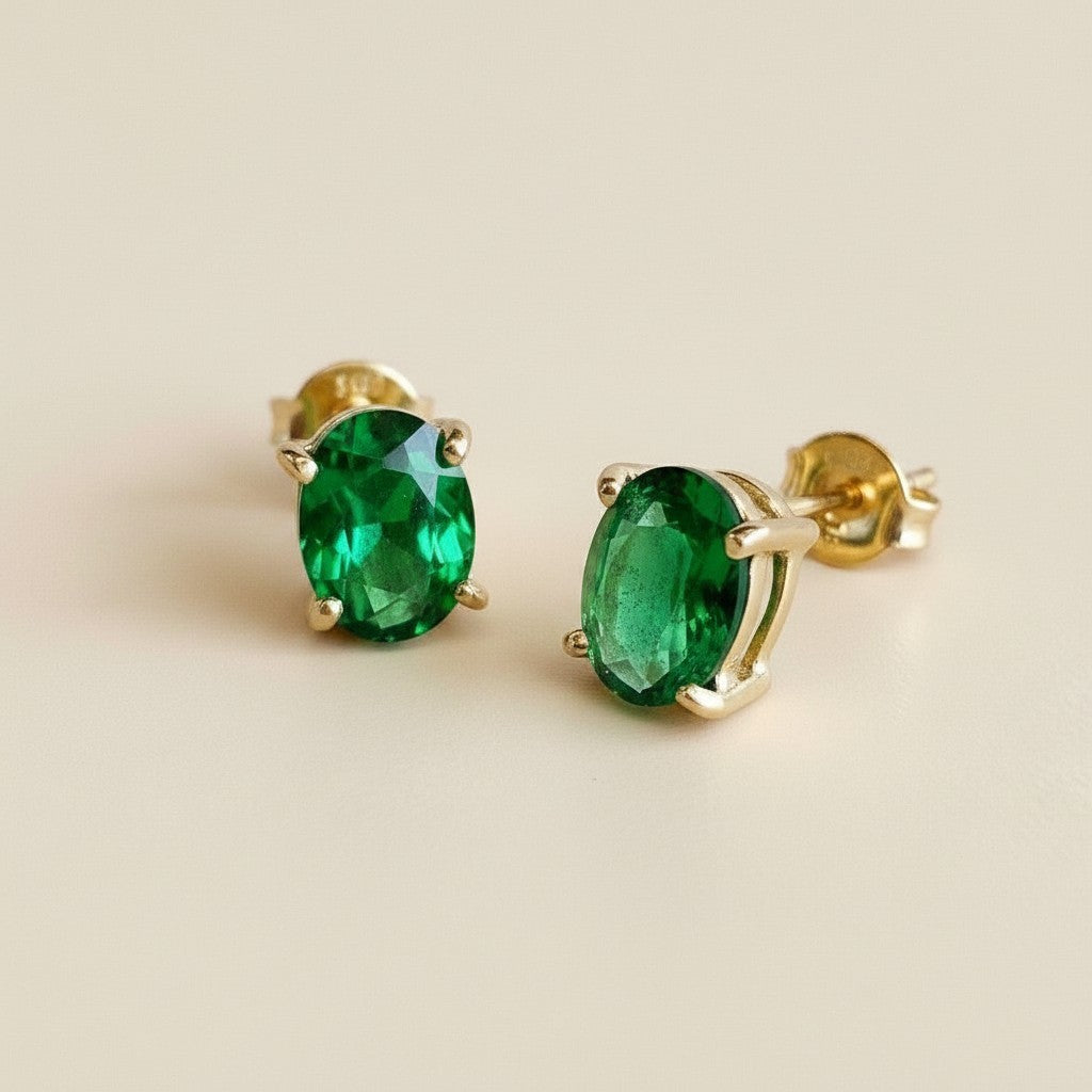 18k Gold Filled Oval Emerald CZ Stud Earrings | Rich, Prominent Sparkle