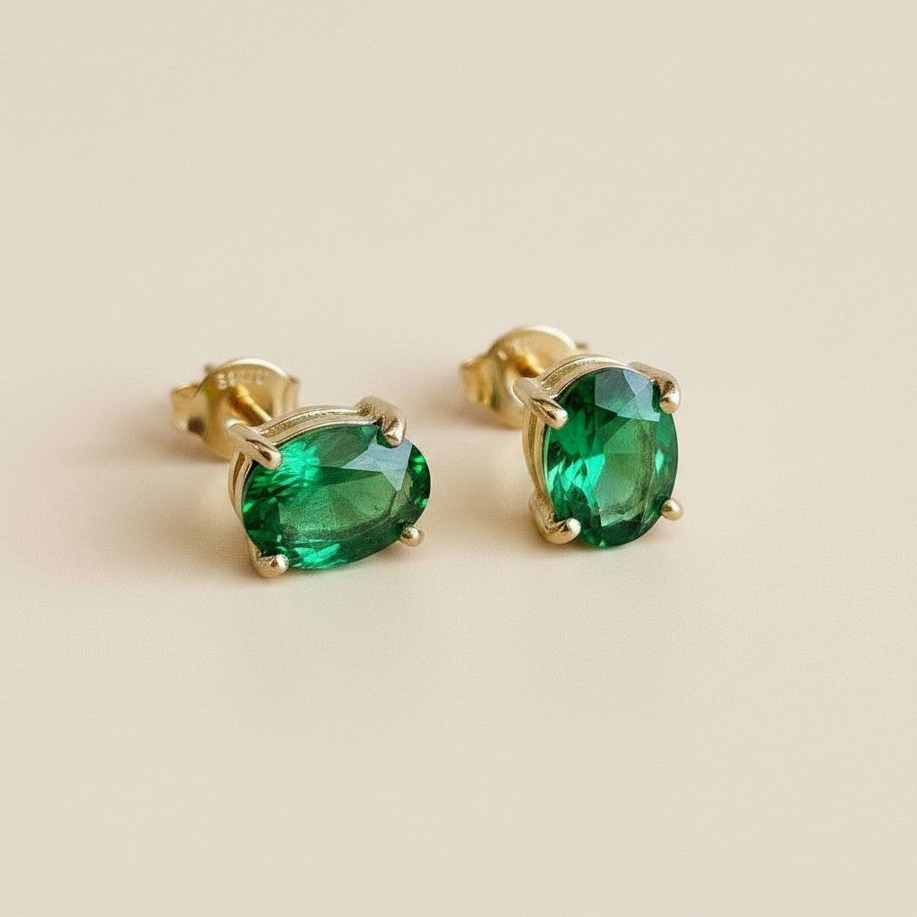 18k Gold Filled Oval Emerald CZ Stud Earrings | Rich, Prominent Sparkle