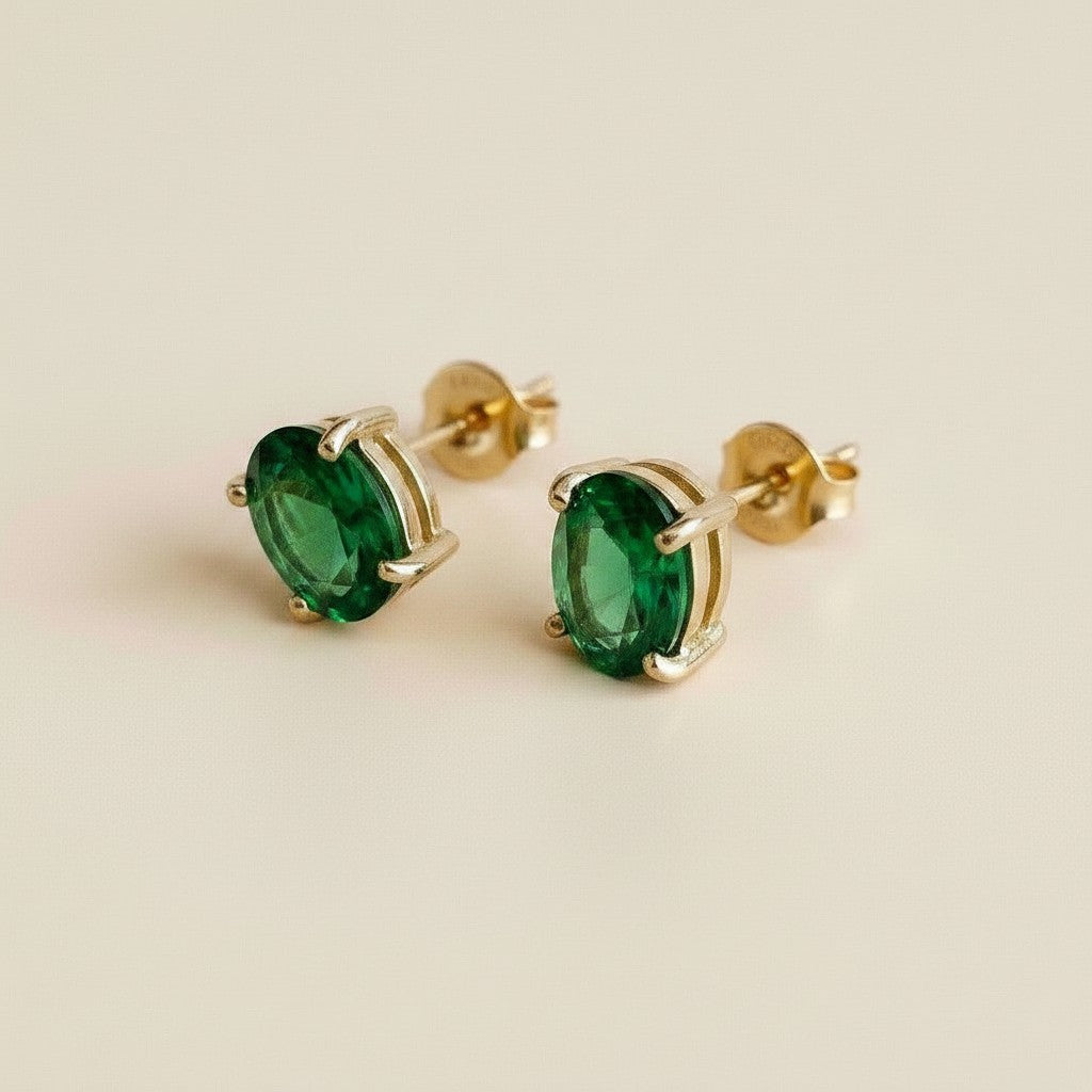 18k Gold Filled Oval Emerald CZ Stud Earrings | Rich, Prominent Sparkle