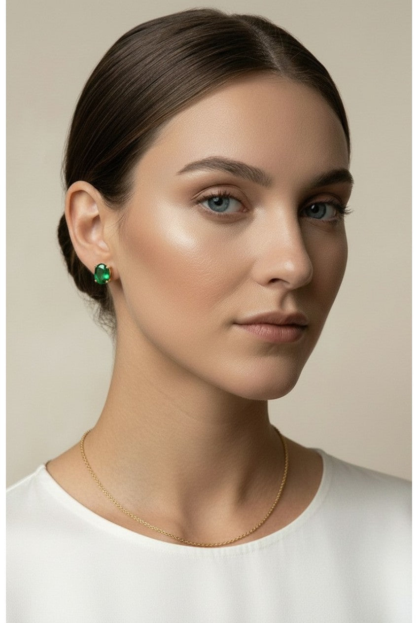 18k Gold Filled Oval Emerald CZ Stud Earrings | Rich, Prominent Sparkle