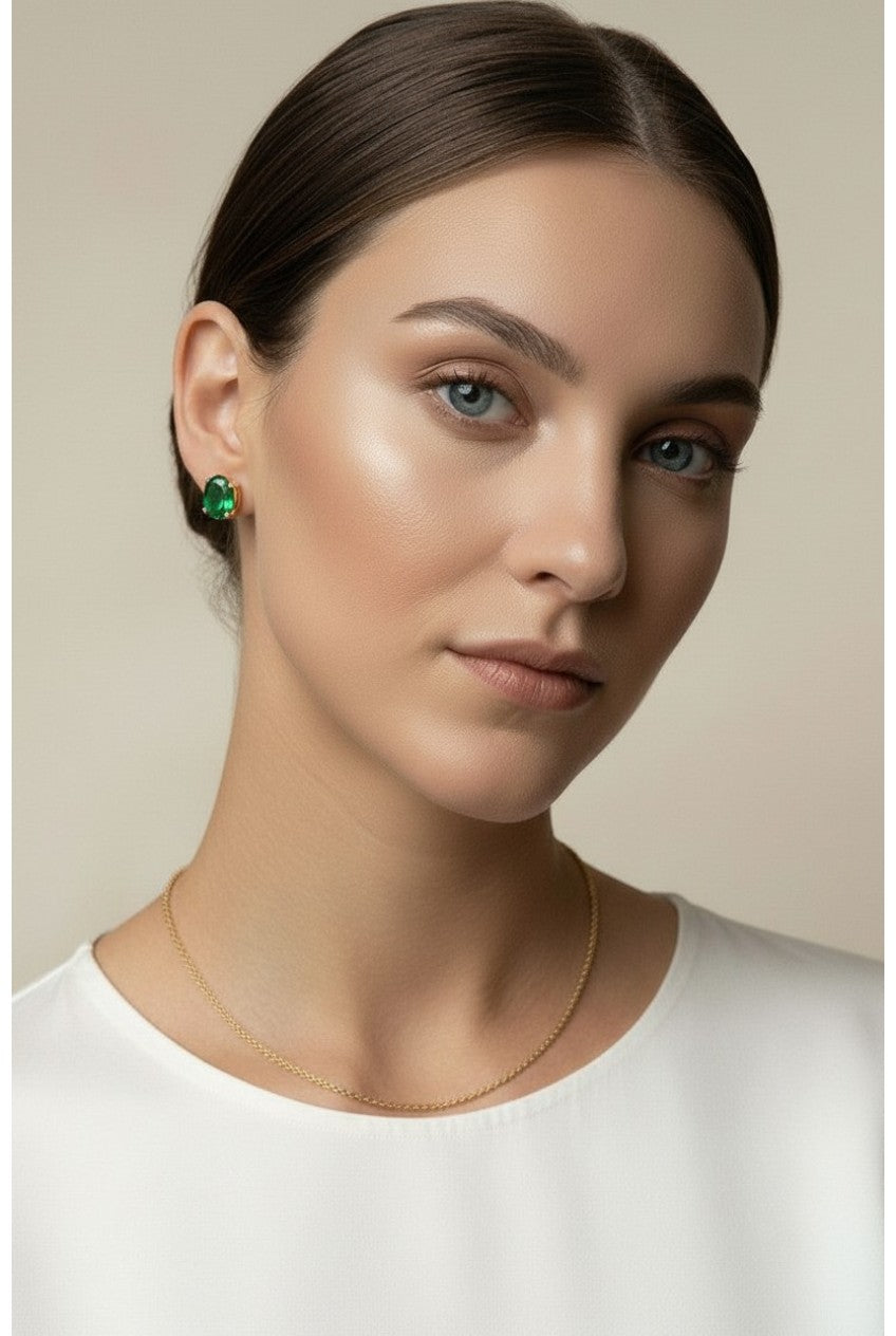 18k Gold Filled Oval Emerald CZ Stud Earrings | Rich, Prominent Sparkle
