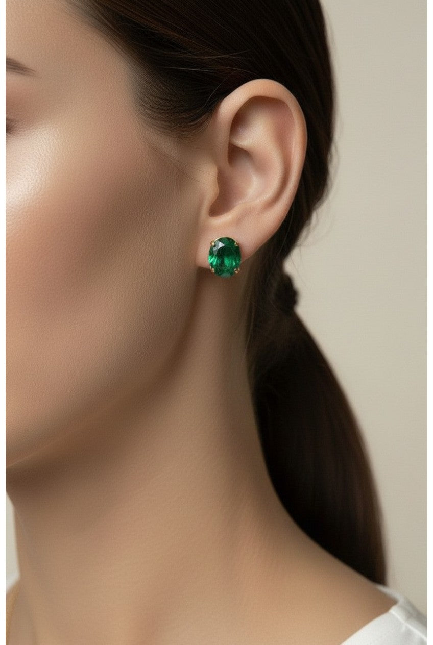 18k Gold Filled Oval Emerald CZ Stud Earrings | Rich, Prominent Sparkle