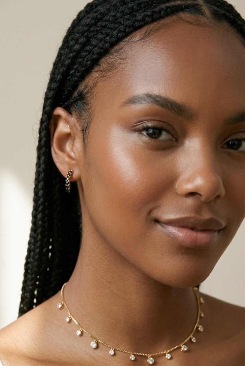 18k Gold Filled Curved Bar Black Crystal Stud Earrings
