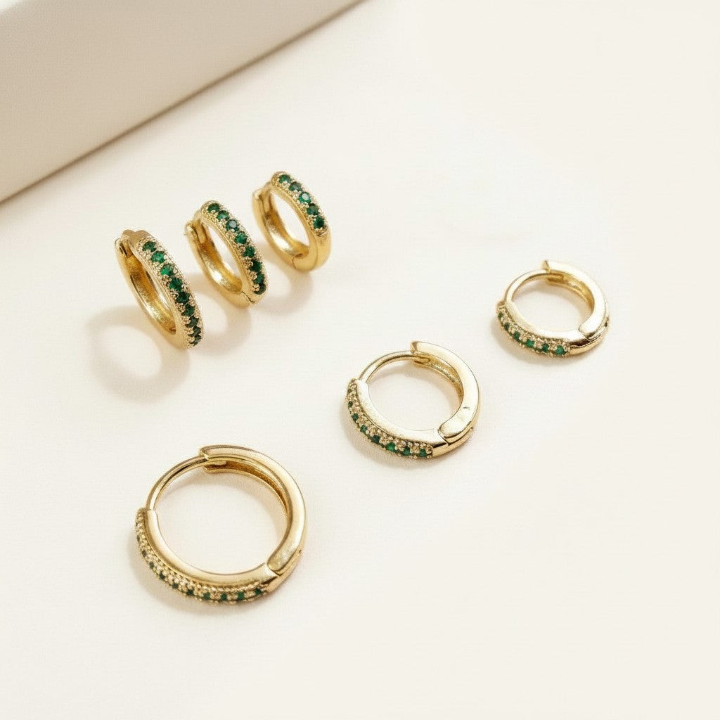 18k Gold Filled Emerald CZ Huggie Earrings | Set of 3