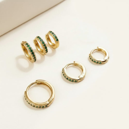 18k Gold Filled Emerald CZ Huggie Earrings | Set of 3