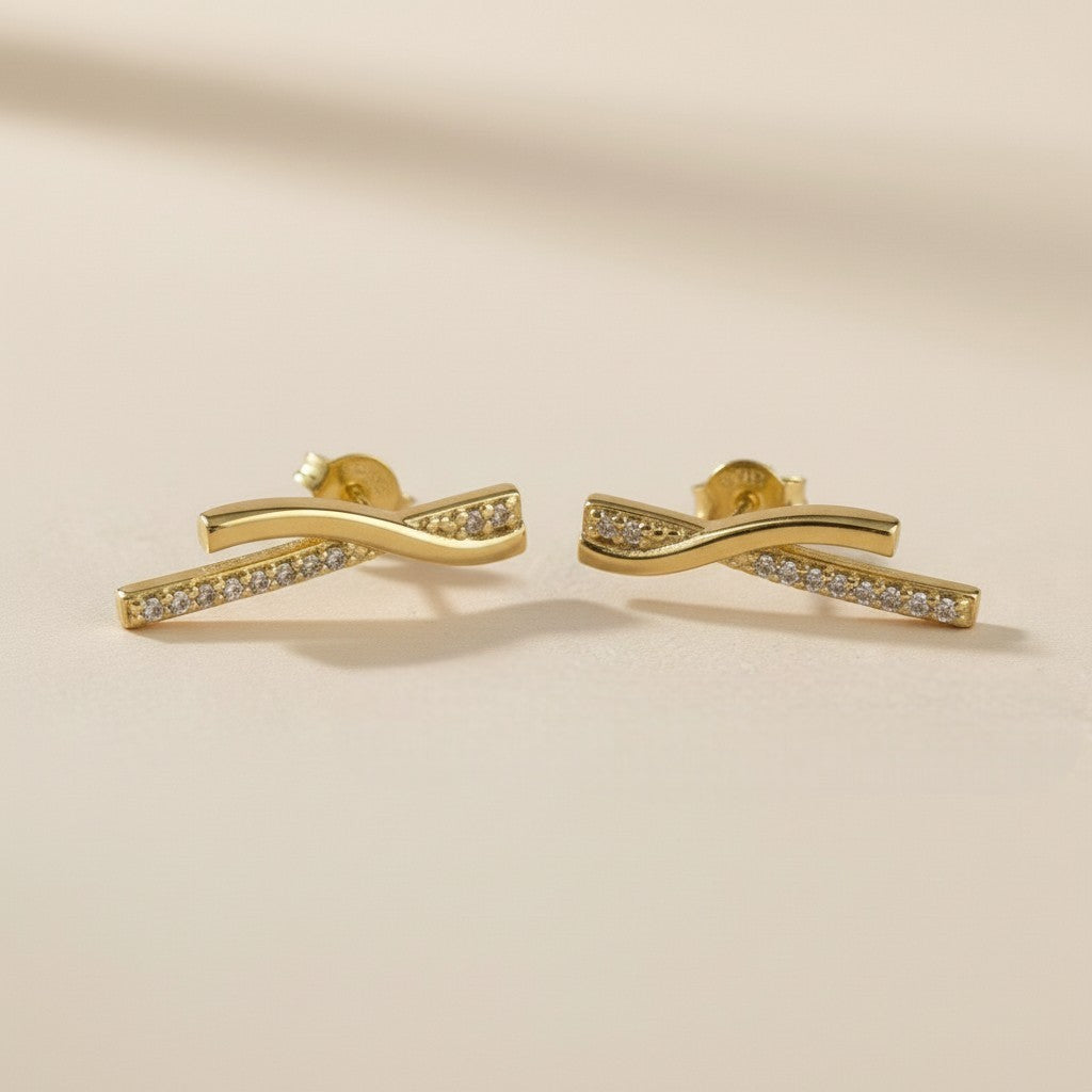 18k Gold Filled Curve Bar CZ Earrings