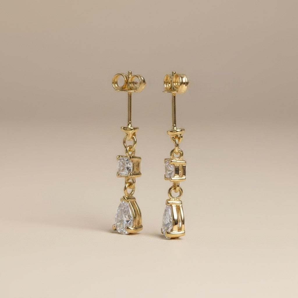 ✨ 18k Gold Filled Princess; Pear Cut CZ Drop Earrings — Two Cuts. One Drop. All the Glamour.