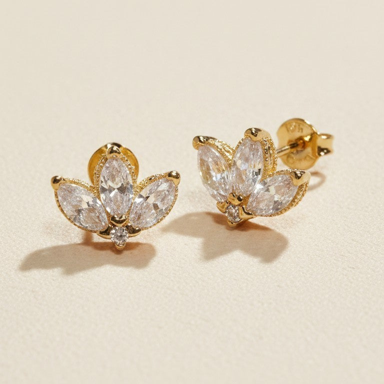 🌸 18k Gold Filled Vintage Lotus Flower CZ Stud Earrings — Ancient Symbol. Four Stones. Timeless Beauty.