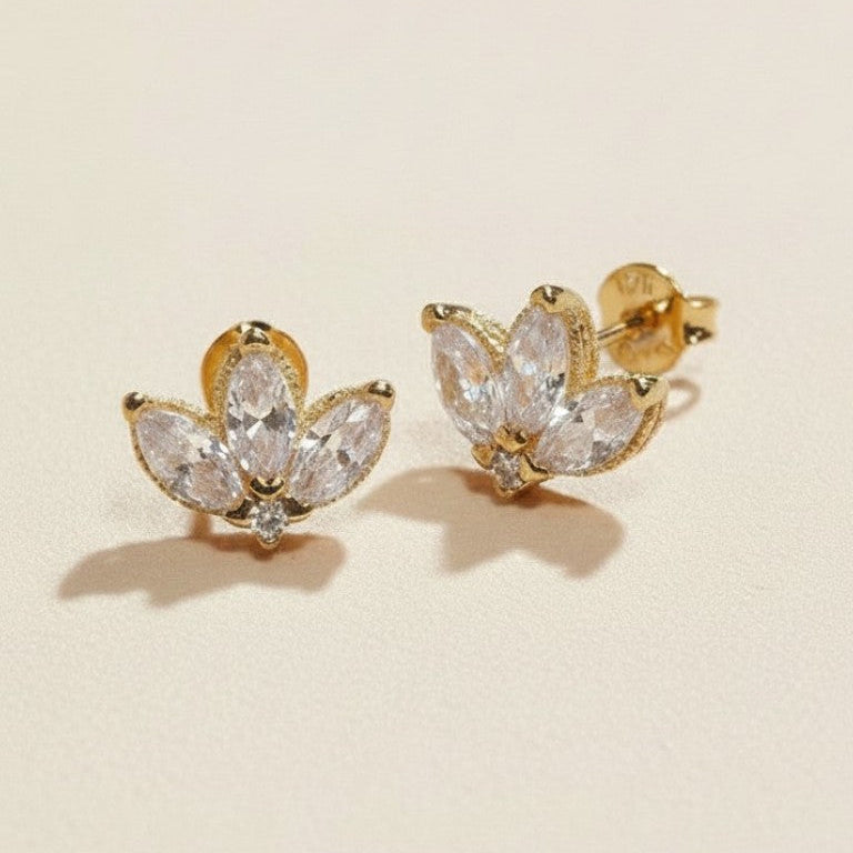 🌸 18k Gold Filled Vintage Lotus Flower CZ Stud Earrings — Ancient Symbol. Four Stones. Timeless Beauty.