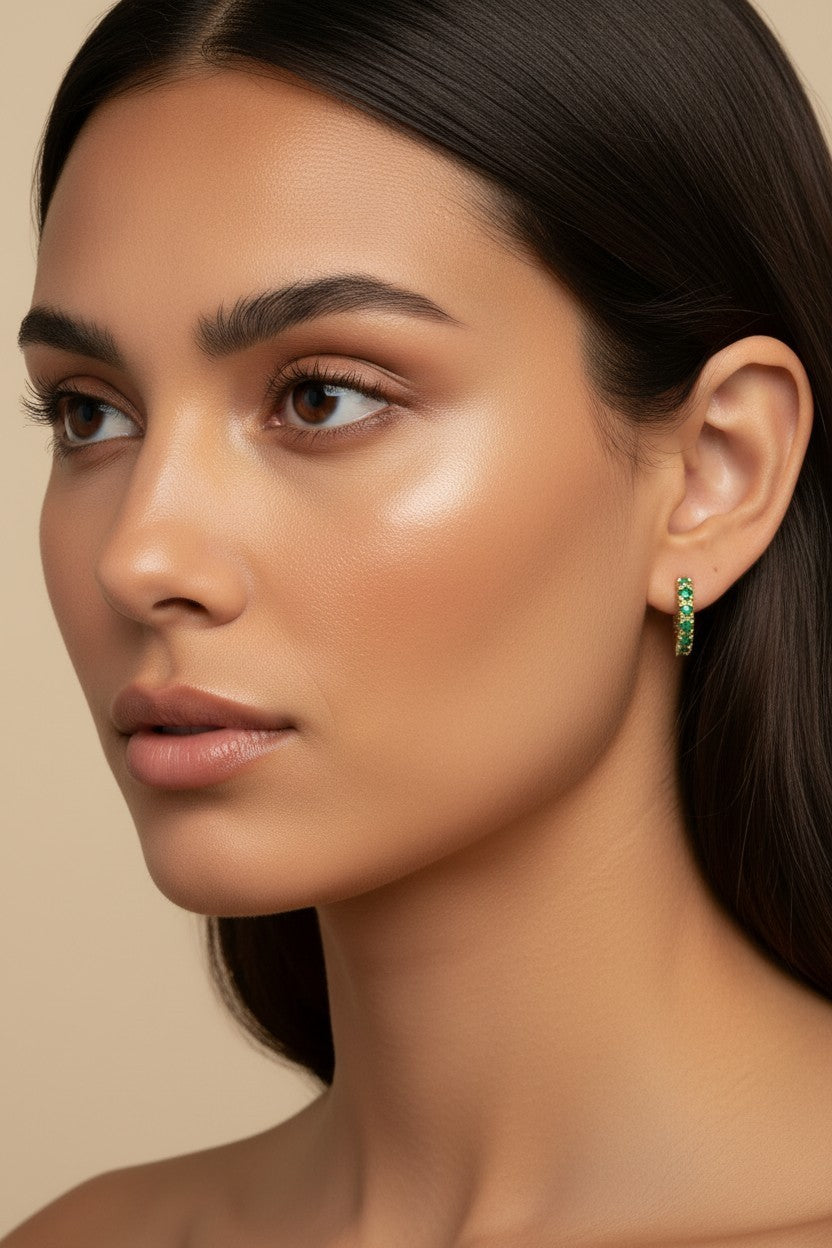 💚 18k Gold Filled Curved Bar Emerald Crystal Stud Earrings — Five Green Stones. One Graceful Curve.