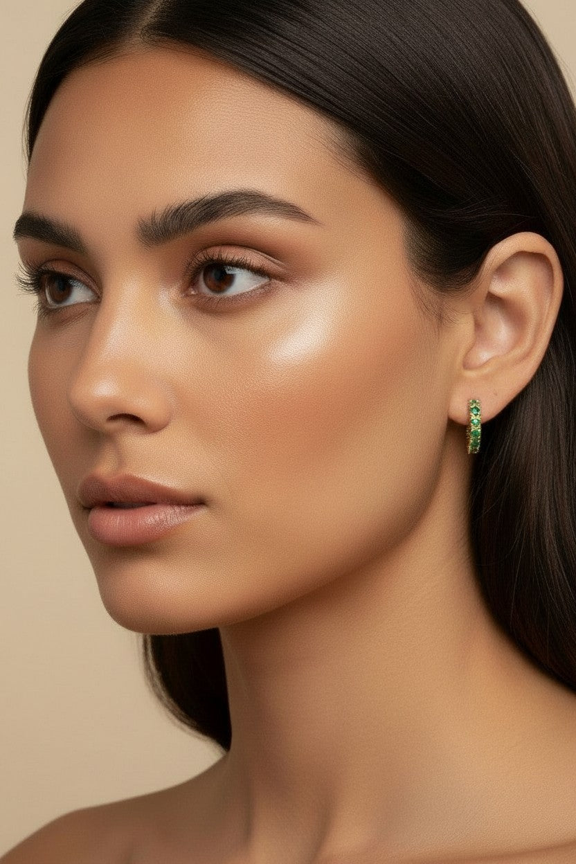 💚 18k Gold Filled Curved Bar Emerald Crystal Stud Earrings — Five Green Stones. One Graceful Curve.