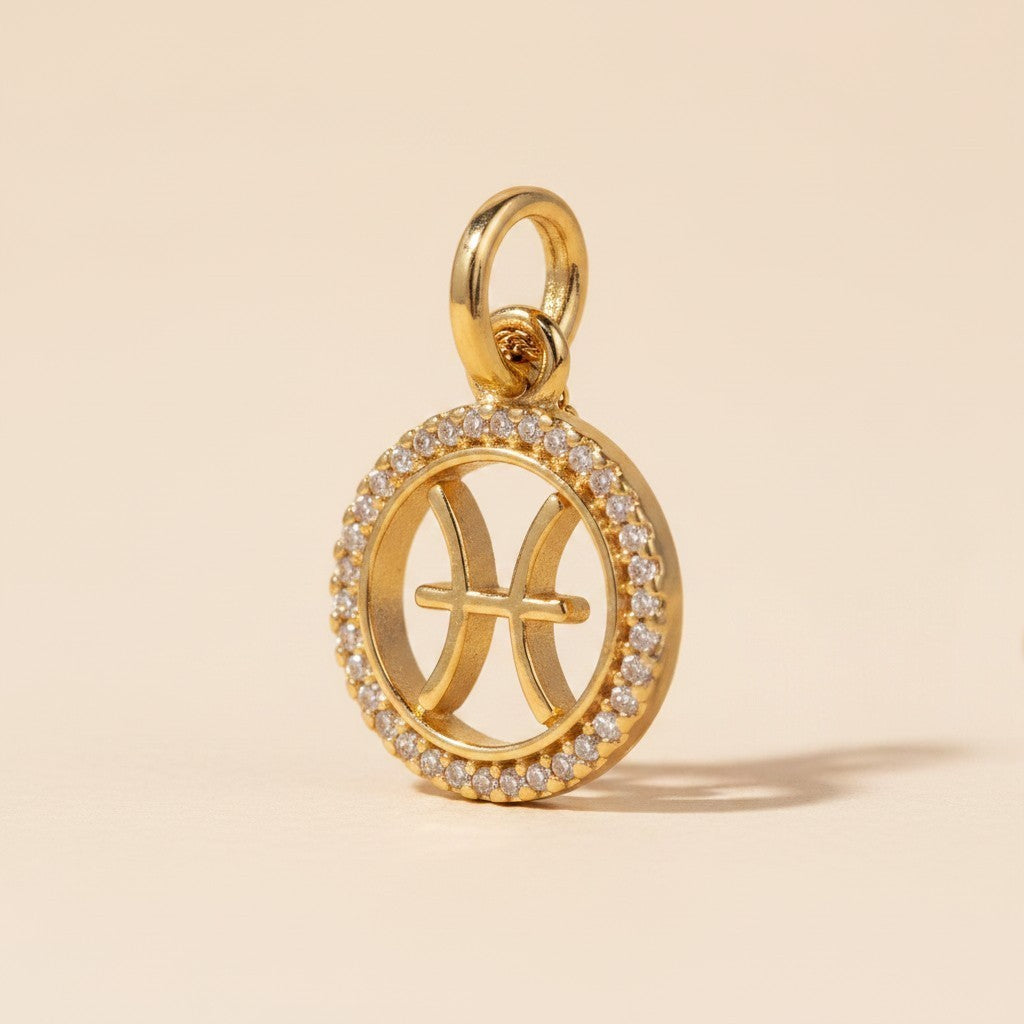 ♓ 18k Gold Filled Mini Pisces Zodiac Pendant — The Dreamer's Sign. CZ-Edged. Worn With Depth.