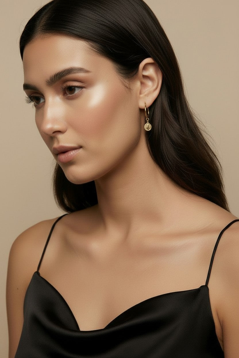 18k Gold Filled Saint Benedict C-Hoop Earrings — Faith, Worn With an Edge
