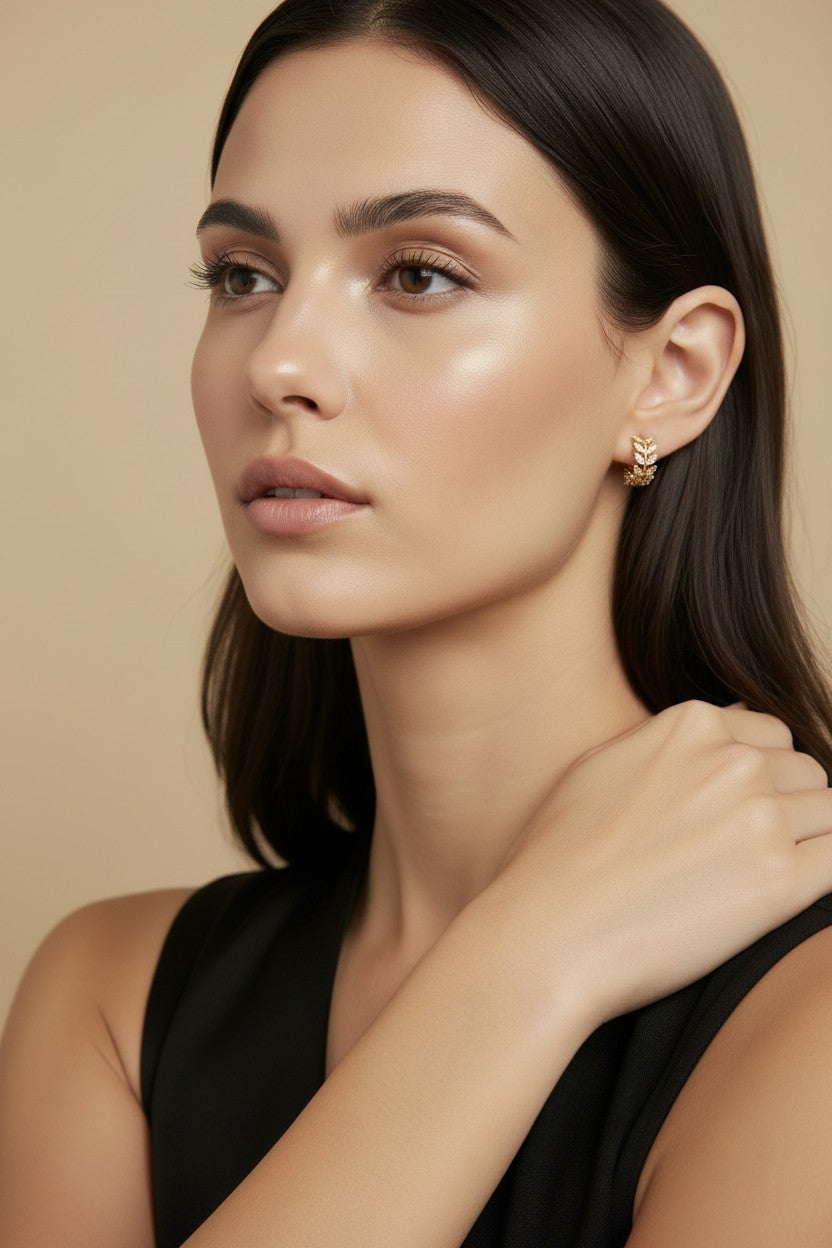 🌿 18k Gold Filled CZ Leaf Motif Clicker Hoop Earrings — Nature Patterned in Crystal. The Hoop Reimagined.