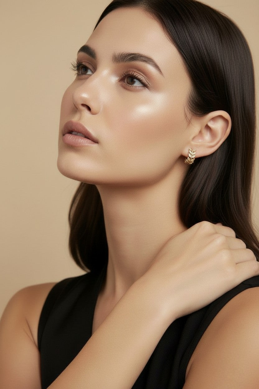 🌿 18k Gold Filled CZ Leaf Motif Clicker Hoop Earrings — Nature Patterned in Crystal. The Hoop Reimagined.