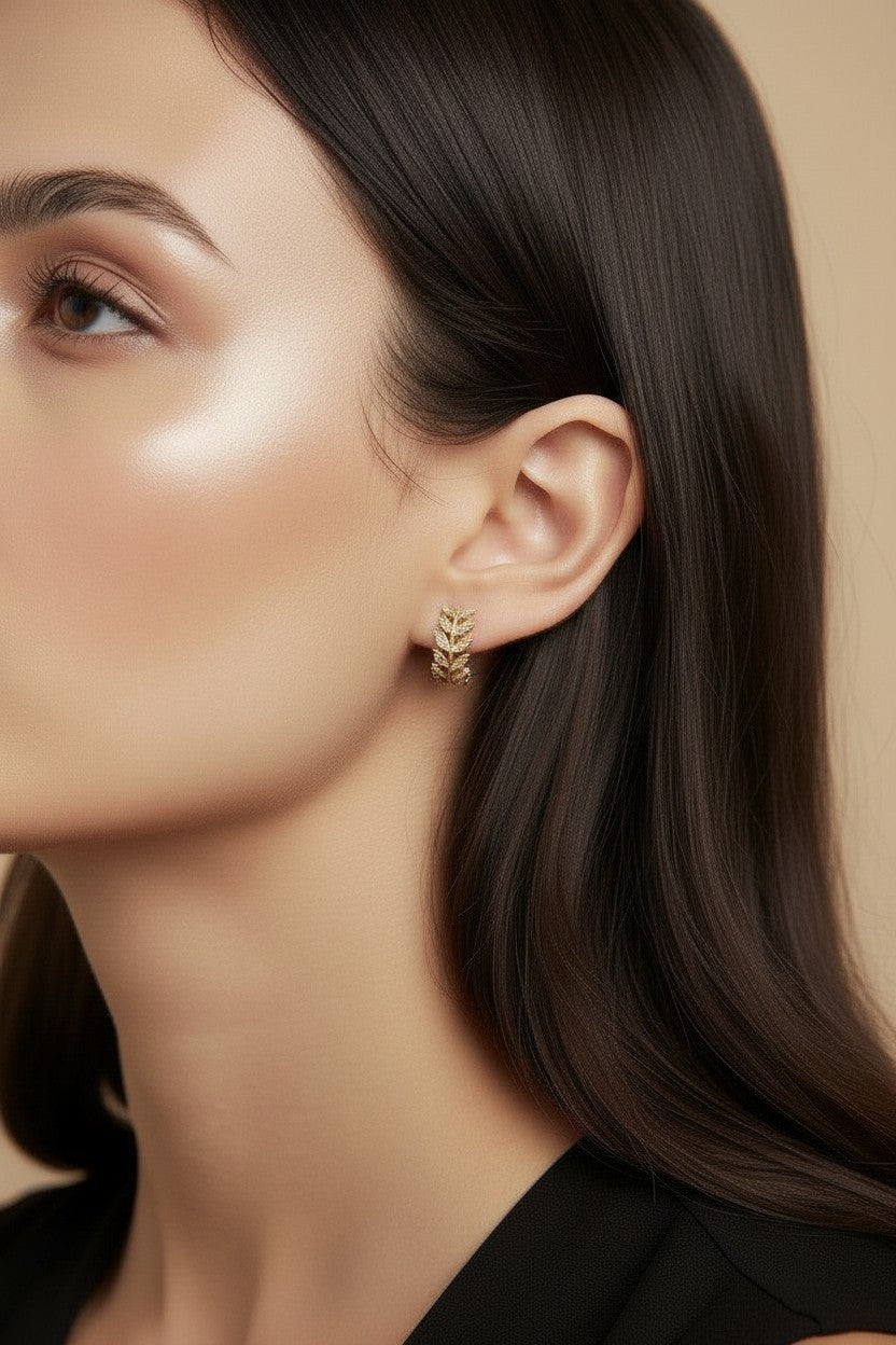 🌿 18k Gold Filled CZ Leaf Motif Clicker Hoop Earrings — Nature Patterned in Crystal. The Hoop Reimagined.