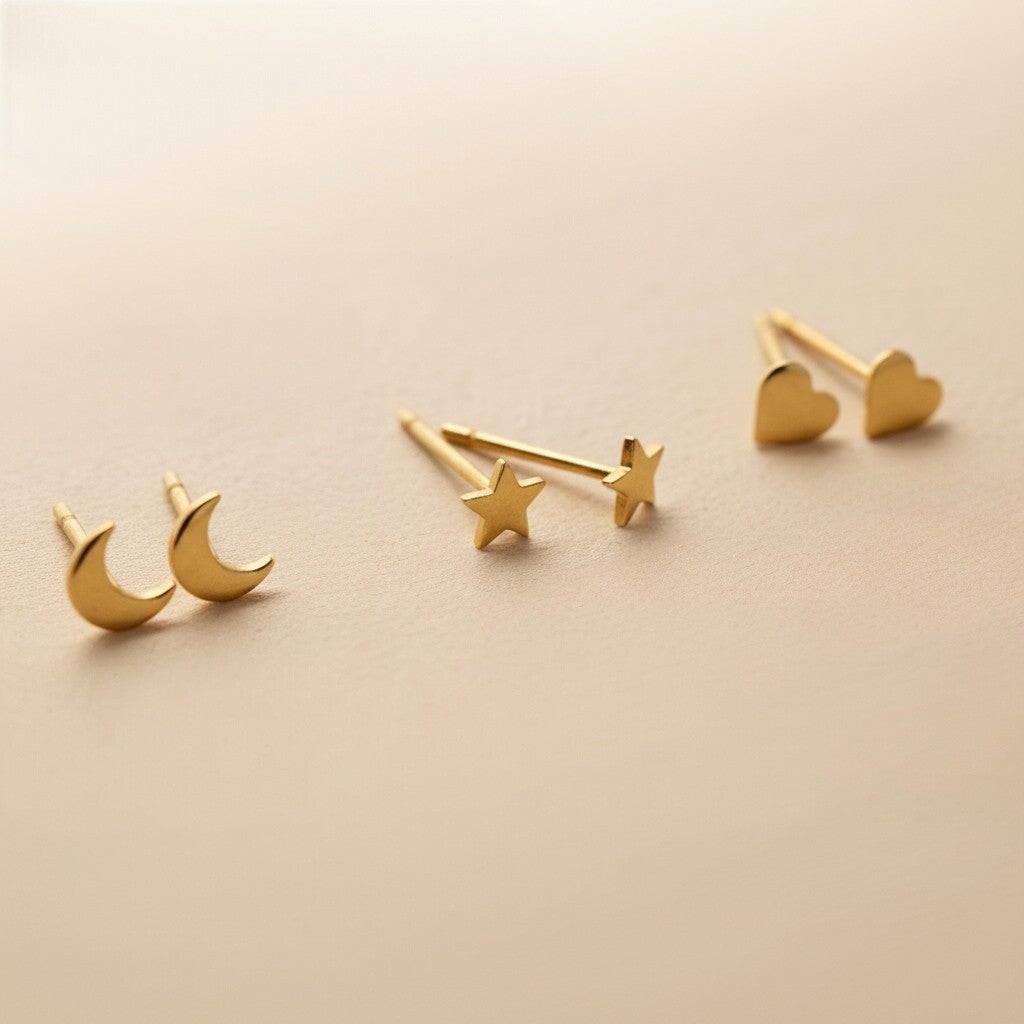 Delicate Earring Set - Moon Star Heart Trio | Minimalist Stud Earrings for Women