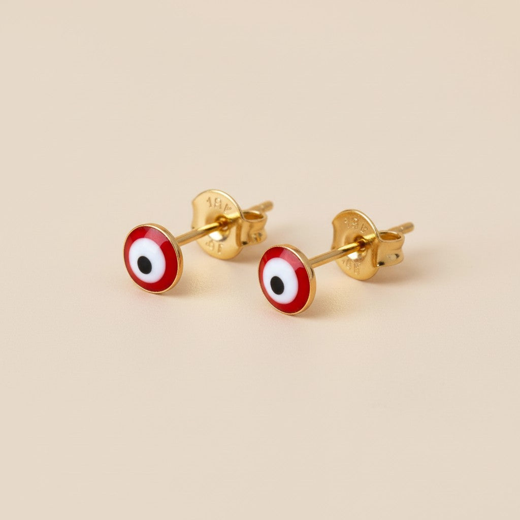 Evil Eye Stud Earrings - Tiny Red Enamel Protection Studs for Women